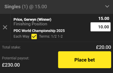 Screenshot example of darts each way bet in bet slip